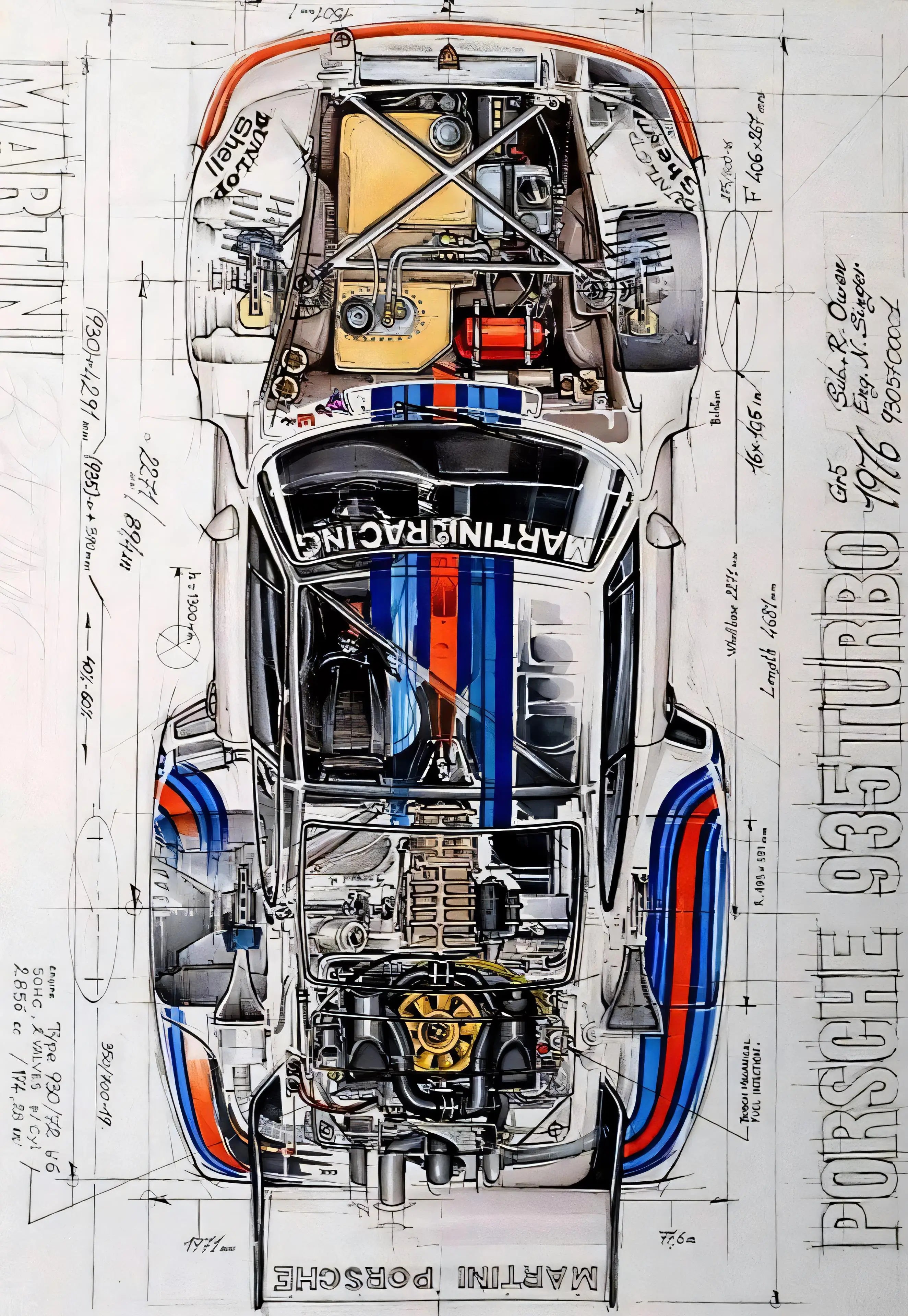 Martini Racing 935 Turbo 1976 Technical Drawing Aluminum Tin Sign Vintage Wall Art Decor Metal Poster