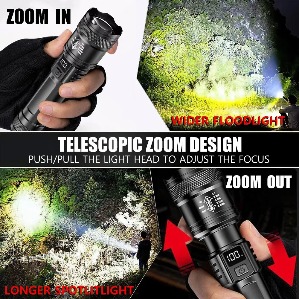 High-power Led Flashlight USB Rechargeable Torch with Display Zoomable Light with Battery Camping Hiking Lantern Emergency Lamp