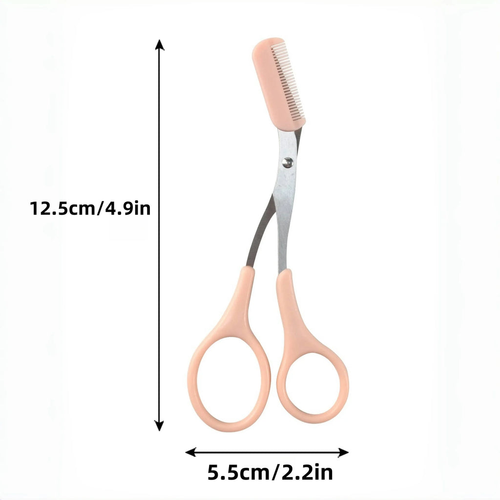 Pink eyebrow trimming scissors with built-in comb - stainless steel, precise grooming tool, creating perfect eyebrows
