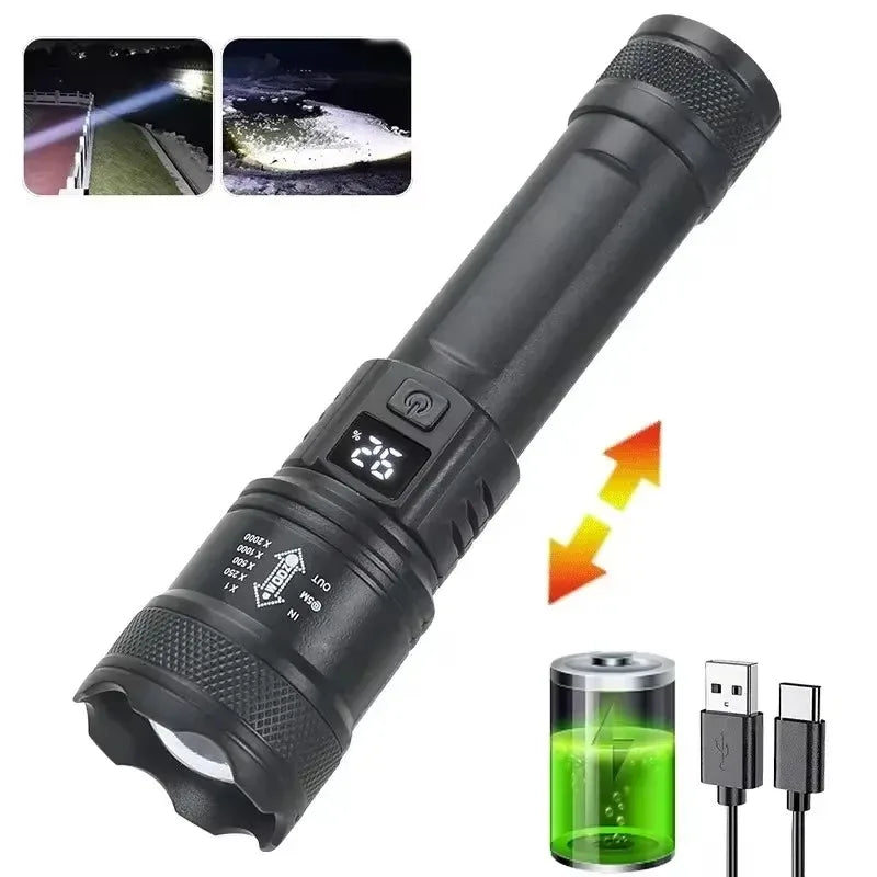 Powerful LED Flashlight Battery Display USB Rechargeable Light Telescopic Zoom Torch Lamp Outdoor Camping Fishing Lantern