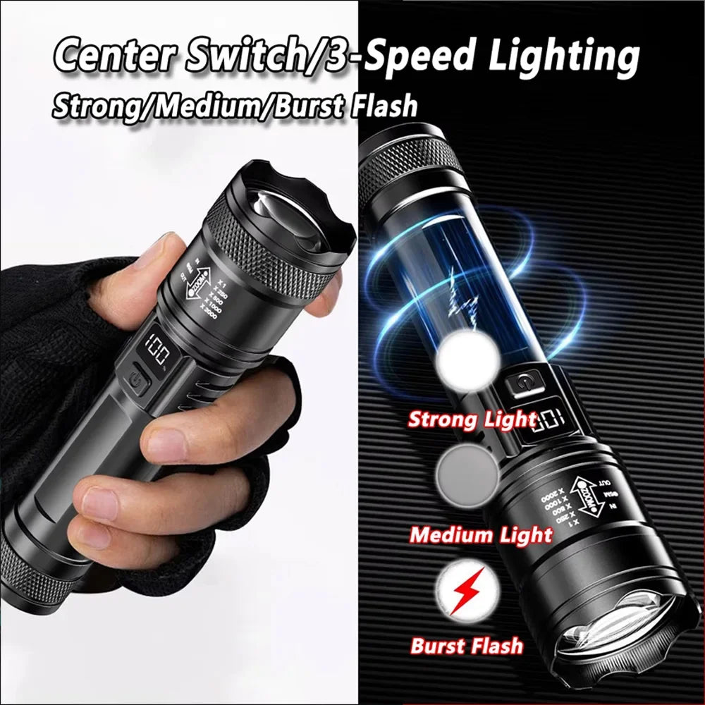 High-power Led Flashlight USB Rechargeable Torch with Display Zoomable Light with Battery Camping Hiking Lantern Emergency Lamp