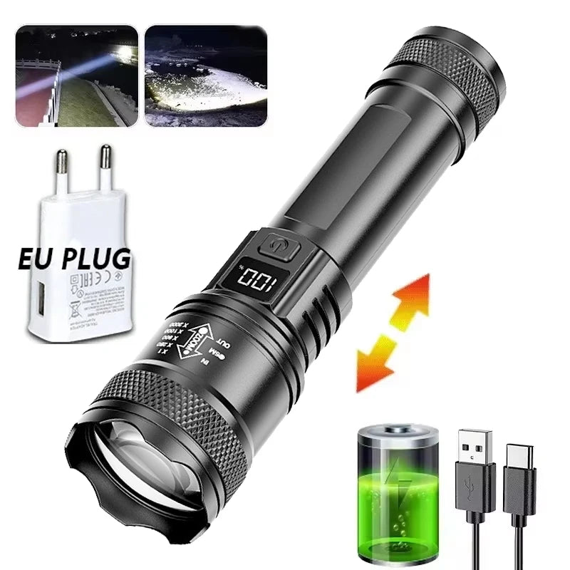 High-power Led Flashlight USB Rechargeable Torch with Display Zoomable Light with Battery Camping Hiking Lantern Emergency Lamp