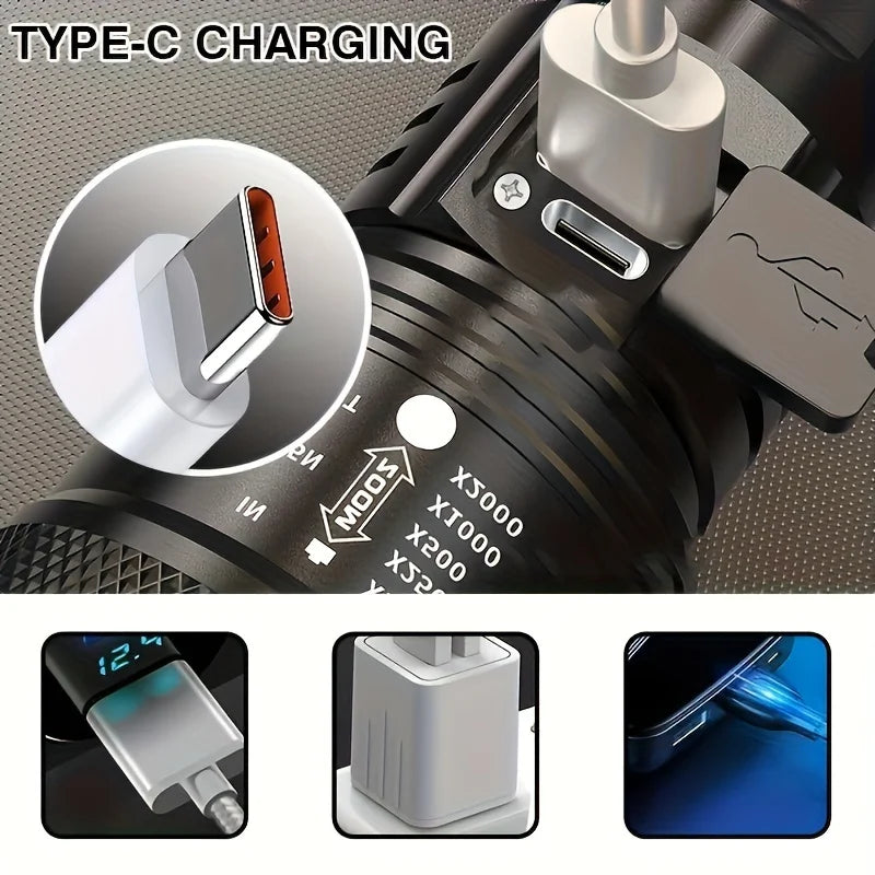 Powerful LED Flashlight Battery Display USB Rechargeable Light Telescopic Zoom Torch Lamp Outdoor Camping Fishing Lantern