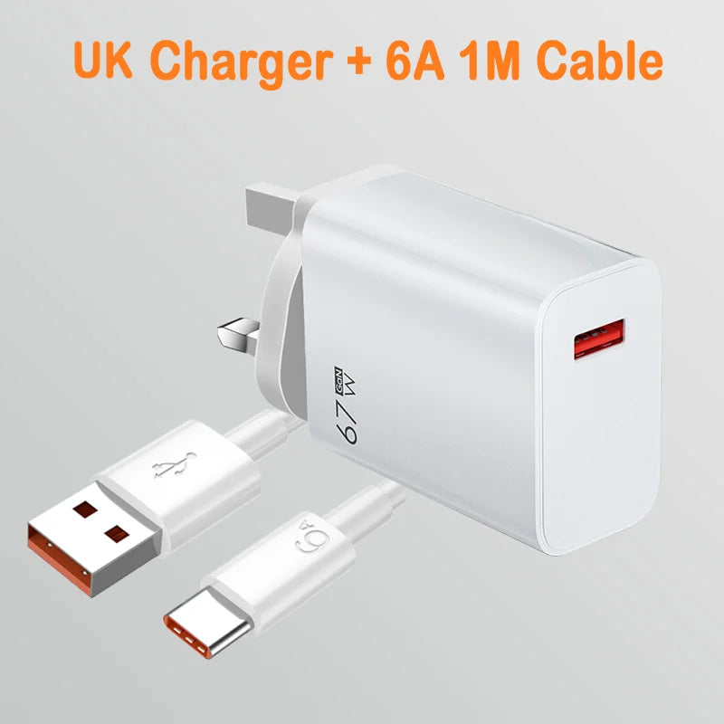 GaN USB Fast Charger Quick Charge 3.0 for Xiaomi 14 13 12 11 10 Ultra Redmi Note 12T 13 Pro Turbo 6A USB Type C Charging Cable
