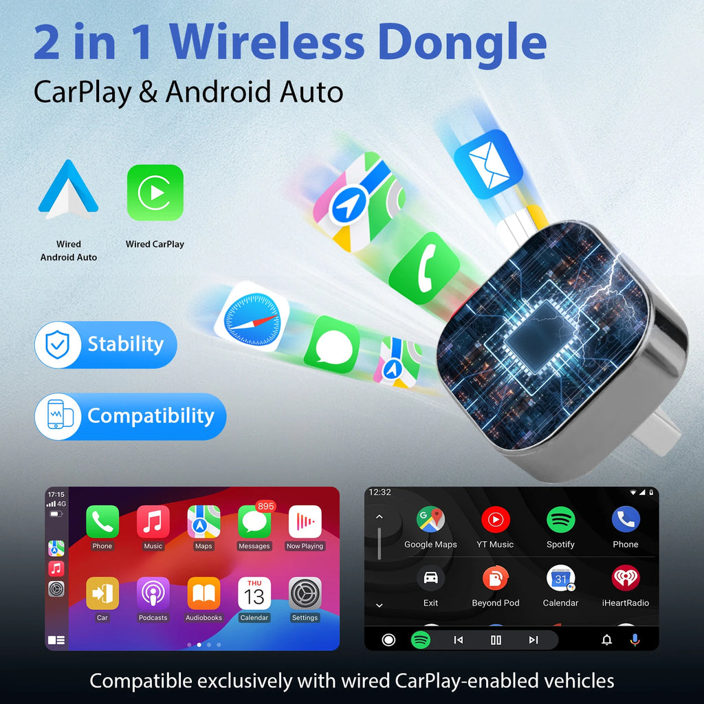 2026 Pionray 2 in 1 Wireless CarPlay Adapter&Android Auto Wireless Adapter, 5Ghz WiFi Type-C/USB Plug Play CarPlay Wireless