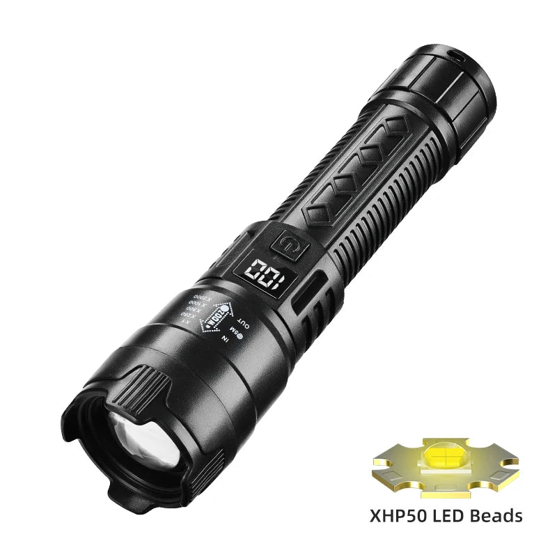 High-power Led Flashlight USB Rechargeable Torch with Display Zoomable Light with Battery Camping Hiking Lantern Emergency Lamp
