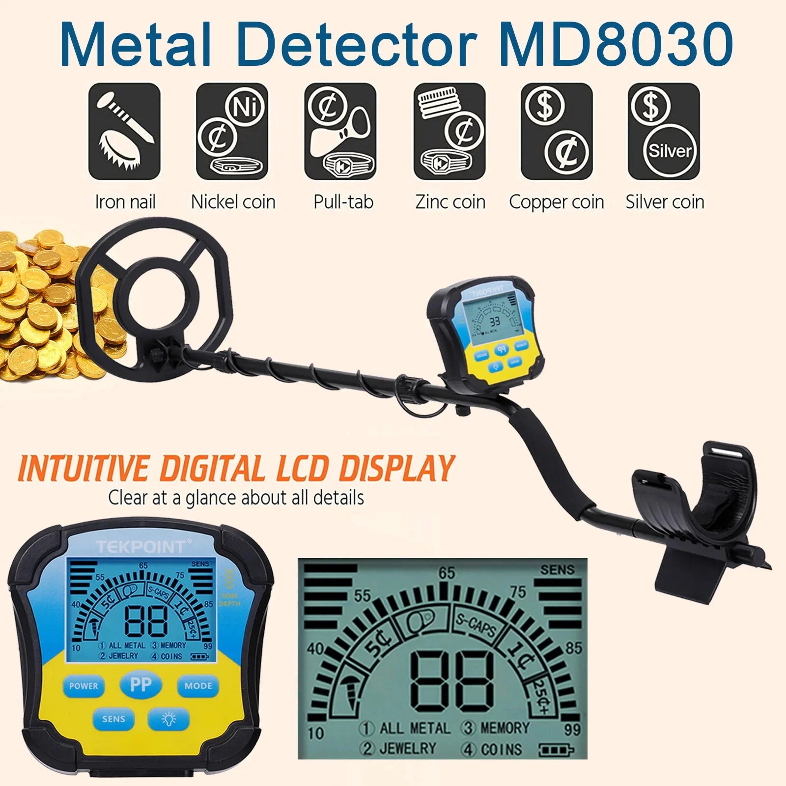 MD8030 Underground Metal Detector High Sensitivity Metal Gold Digger Hunter Treasure Hunter Depth 2.5m Waterproof Search Coil