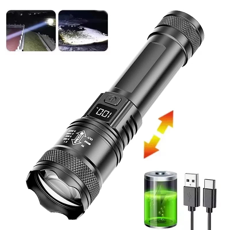 High-power Led Flashlight USB Rechargeable Torch with Display Zoomable Light with Battery Camping Hiking Lantern Emergency Lamp