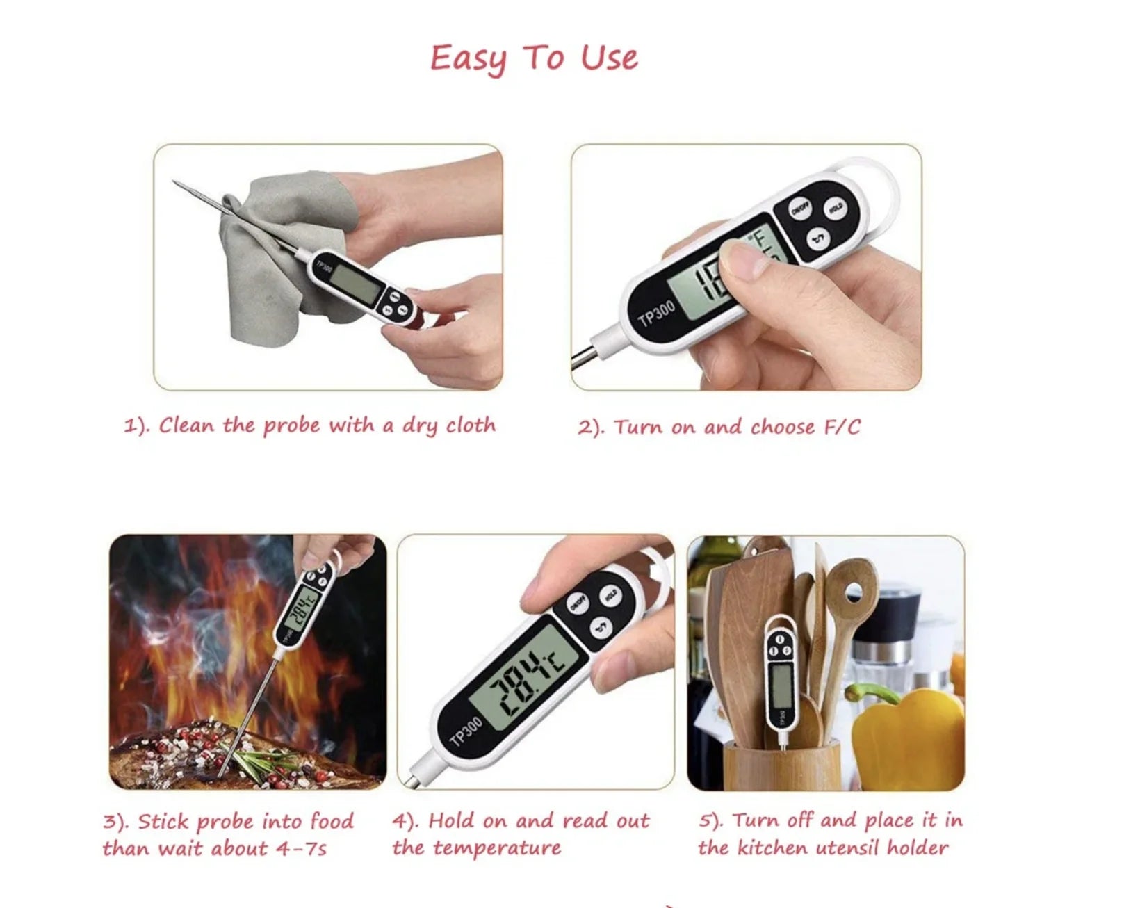 1PCS Food Thermometer TP300 Digital Kitchen Thermometer For Meat Cooking Food Probe BBQ Electronic Oven Kitchen Tools Portable